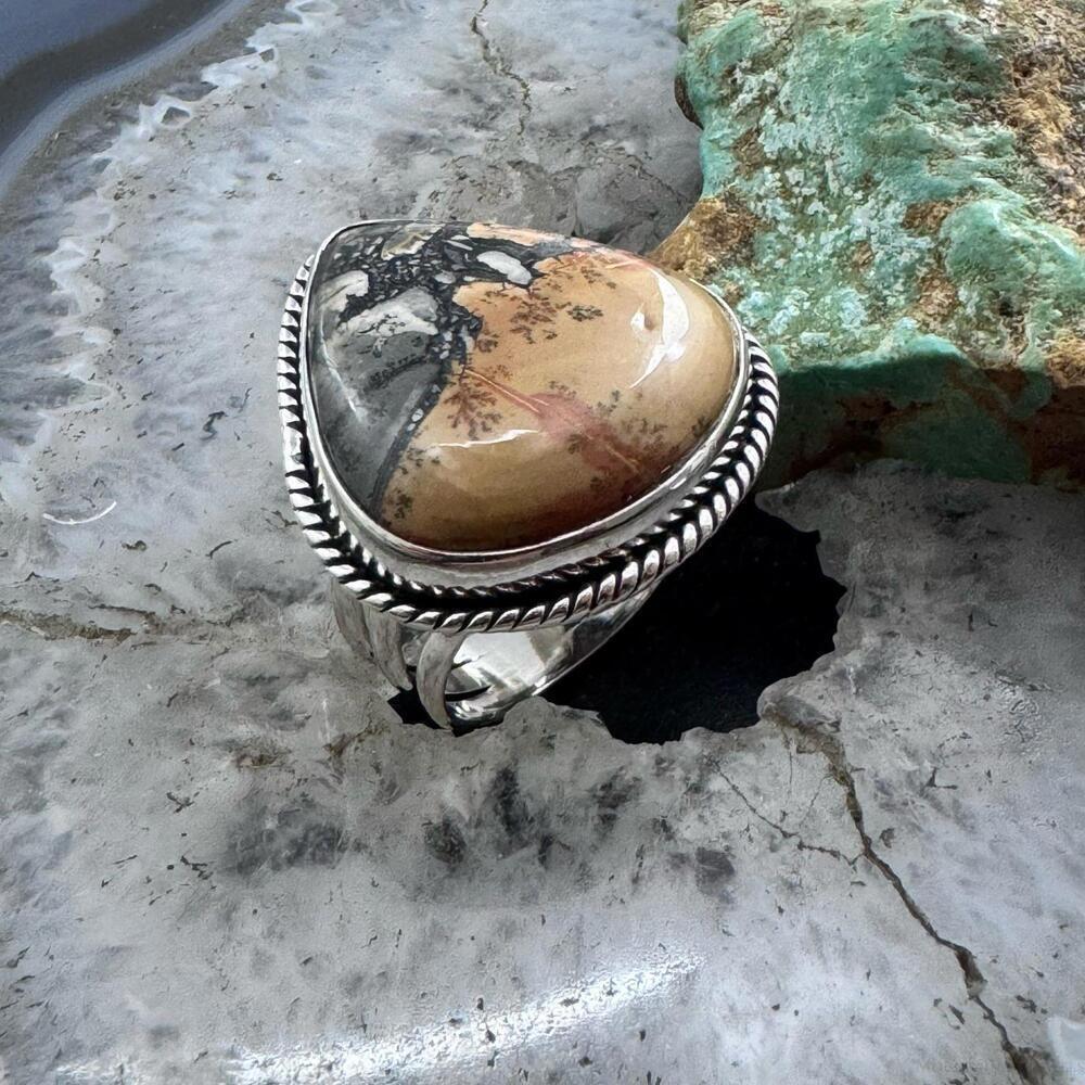 Sterling Southwestern Style Wide Teardrop Maligano Jasper Ring S 7.75 For Women - Picture 3 of 10
